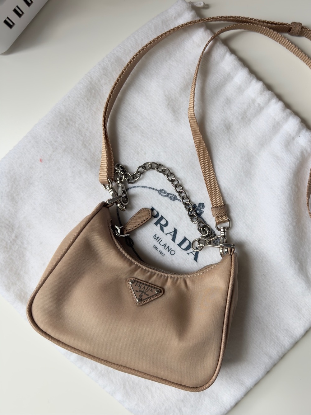 Prada Mini Nylon Shoulder Bag in Beige with Silver Chain - Picture 10 of 11